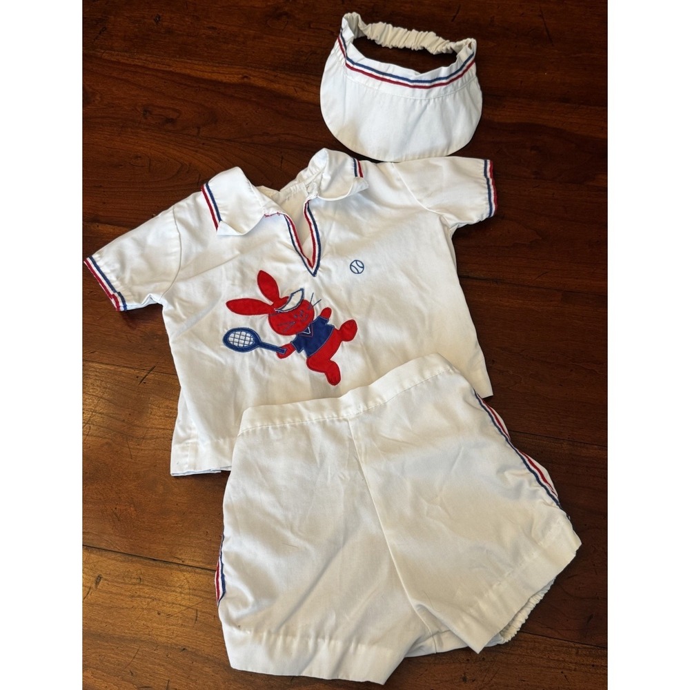 Vintage Nanette Baby Tennis Whites Shorts Set w/h Visor Bunny Red White & Blue